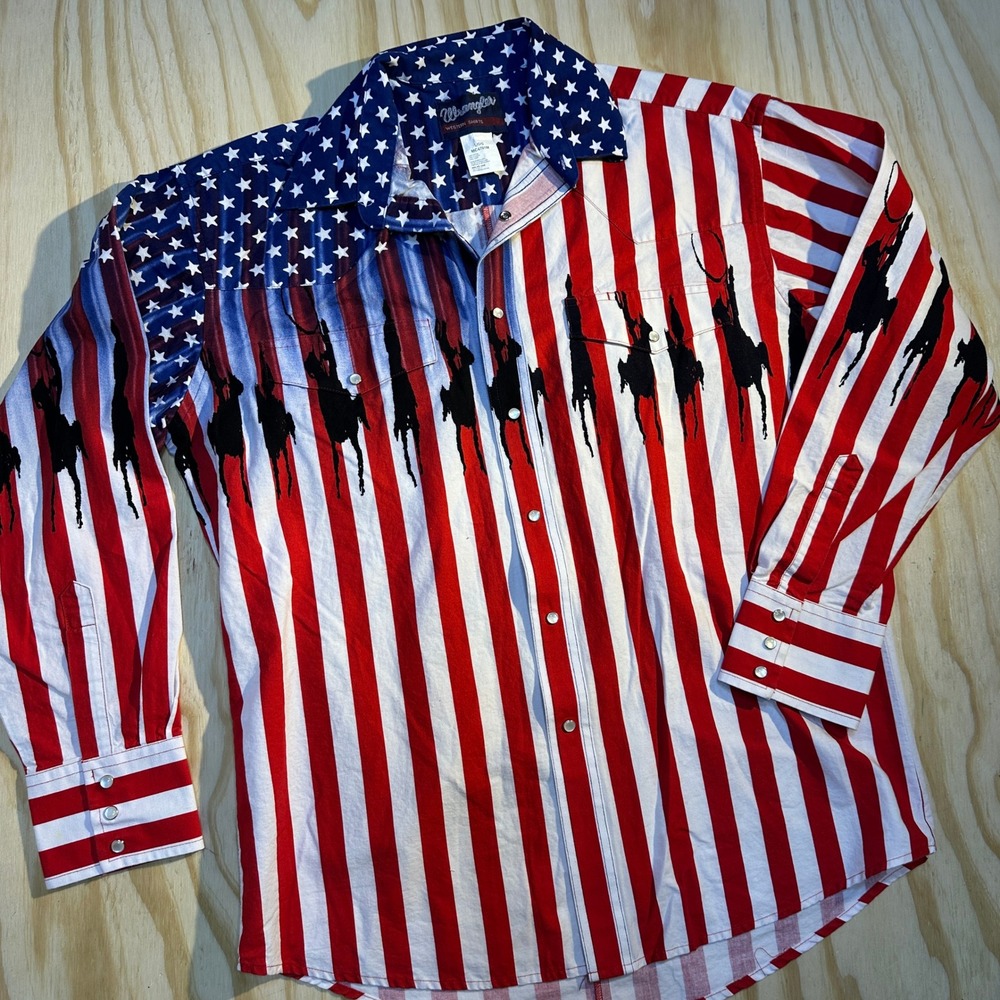 Wrangler Men's US Flag Stars Stripes Pearl Snap Western Long Sleeve Shirt Size L